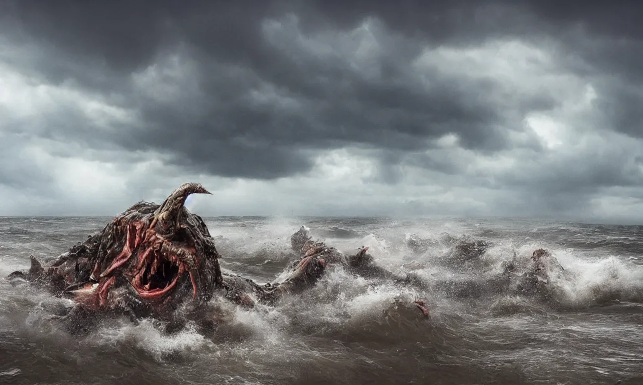 Image similar to a gigantic monster that looks like a mixture of monkfish with crocodile limbs, wet and slimy with a very large mouth, is coming out of the sea dragging its enormous weight with effort on a beach, there are people fleeing in terror, photo-realistic, stormy sky, photo by national geographical