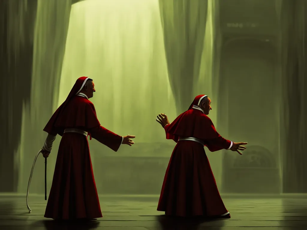 Image similar to Nun dancing with the pope, dramatic lighting, cinematic, establishing shot, high detail, cinematic lighting, post processed, 8k, concept art, artstation, matte painting, in the style of eddie mendoza, raphael lacoste, alex ross