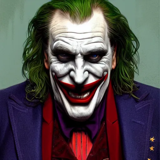 Image similar to [Gerard Depardieu as the Joker as president of France!, closeup, D&D, intricate, elegant, highly detailed, digital painting, artstation, concept art, matte, sharp focus, illustration, art by Artgerm and Greg Rutkowski and Alphonse Mucha]