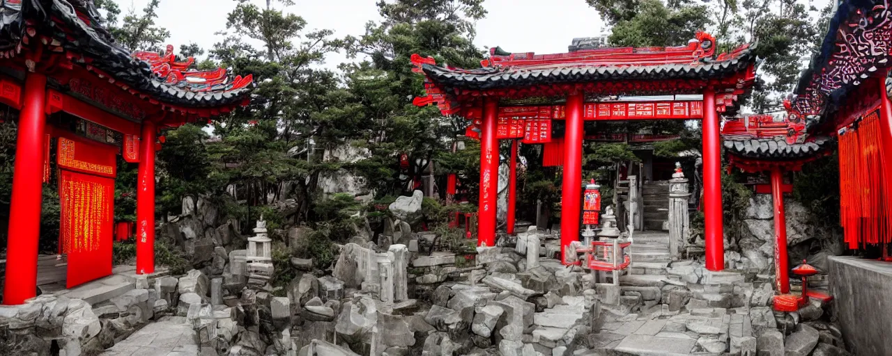 Image similar to chinese traditional shrine on hill cyberpunk