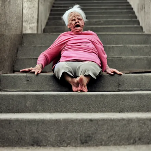 Prompt: old woman falling down the stairs