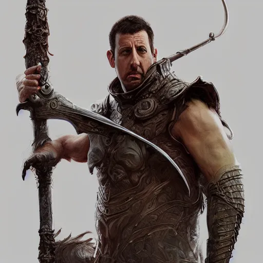 Image similar to portait of a adam sandler swinging his long sword, front game card, drark, marvel comics, dark, intricate, highly detailed, smooth, artstation, digital illustration by ruan jia and mandy jurgens and artgerm and wayne barlowe and greg rutkowski and zdislav beksinski