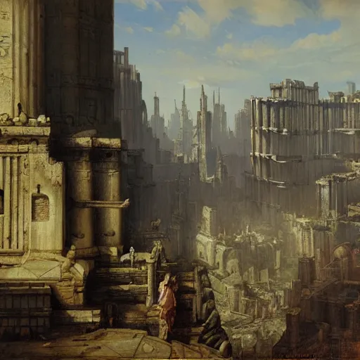 Prompt: painting of a scifi ancient civilzation, brutalist architecture, andreas achenbach