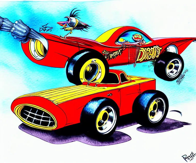 Prompt: roth's drag nut fuel, a pigeon driving a mega - suped - up - hotrod, oversized engine, ratfink style, ed roth, centered, watercolor pen illustration