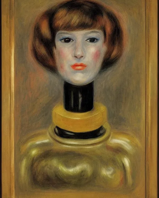 Prompt: portrait of a robot with metallic female face, in the style of Pierre-Auguste Renoir