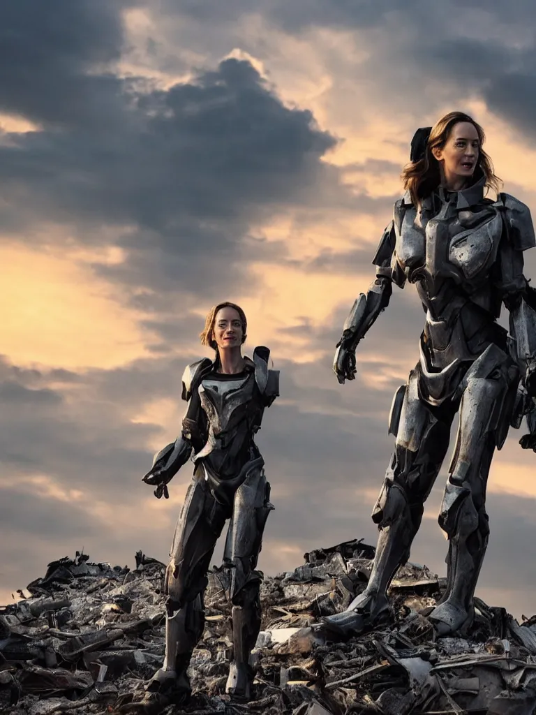 Image similar to emily blunt in futuristic power armor, standing atop a pile of rubble, sunset and big clouds behind her