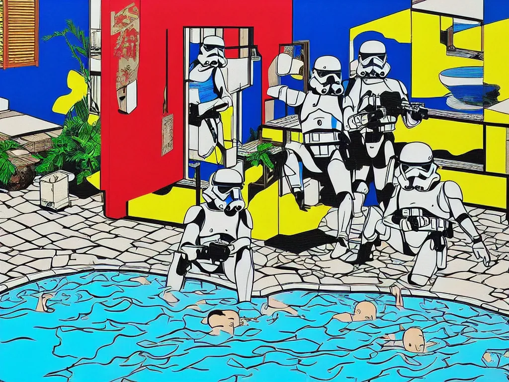 Image similar to hyperrealism composition of the japanese house with a hot springs in the garden, two detailed stormtroopers bathe in a hot spring, pop - art style, jacky tsai style, andy warhol style, roy lichtenstein style, round canvas, acrylic on canvas