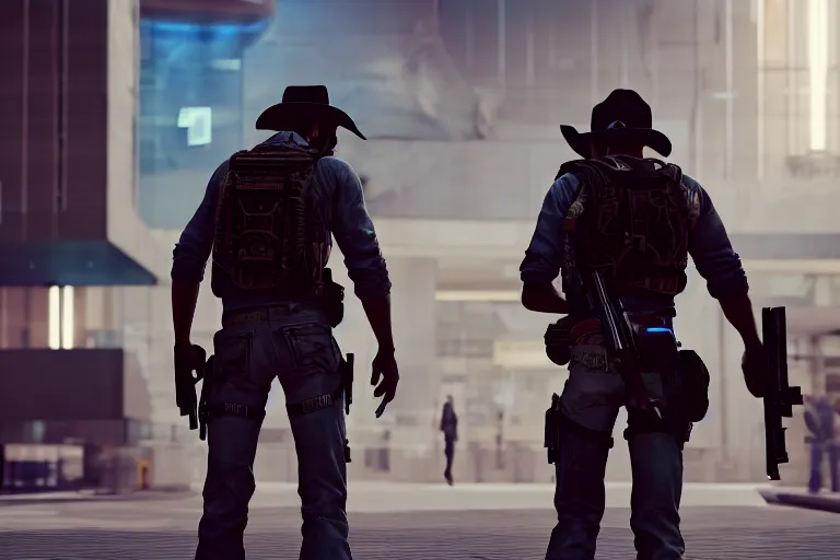 Prompt: photo from behind of a cowboy, carrying a gun, on a futuristic shopping mall, cinematic lightning, ray tracing, unreal engine 5, photorealistic, 8 k, uhd, 4 k, ghost recon breakpoint game concept, extremely detailed, beautiful, elegant, intricate, foggy, in - game footage