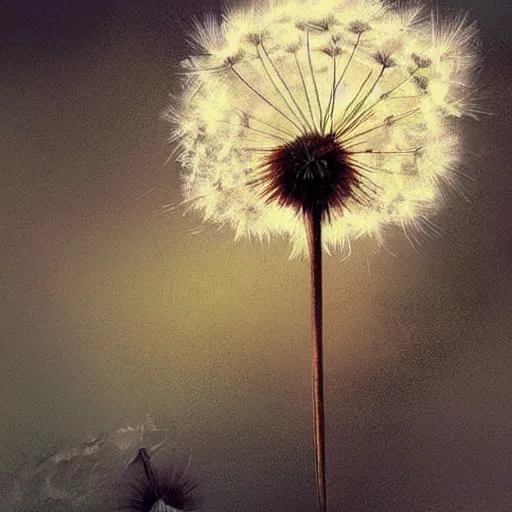 Prompt: a beautiful fairytale painting of a dandelion seed that looks like a fairy. beautiful clear painting by greg rutkowski