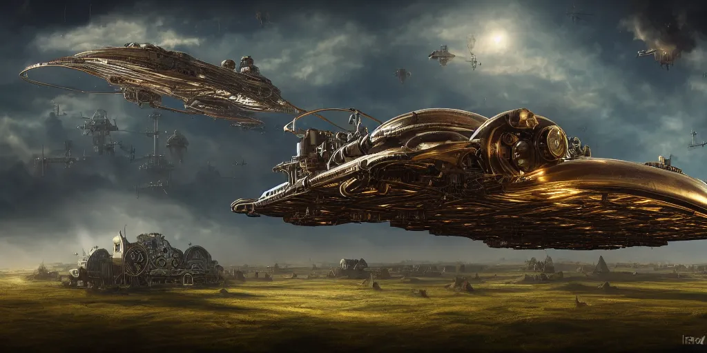 Image similar to steampunk spaceship hovering over fields and small houses, science fiction digital art, award winning, trending on artstation, digital art. highly detailed 8 k. intricate. lifelike. soft light. nikon d 8 5 0.