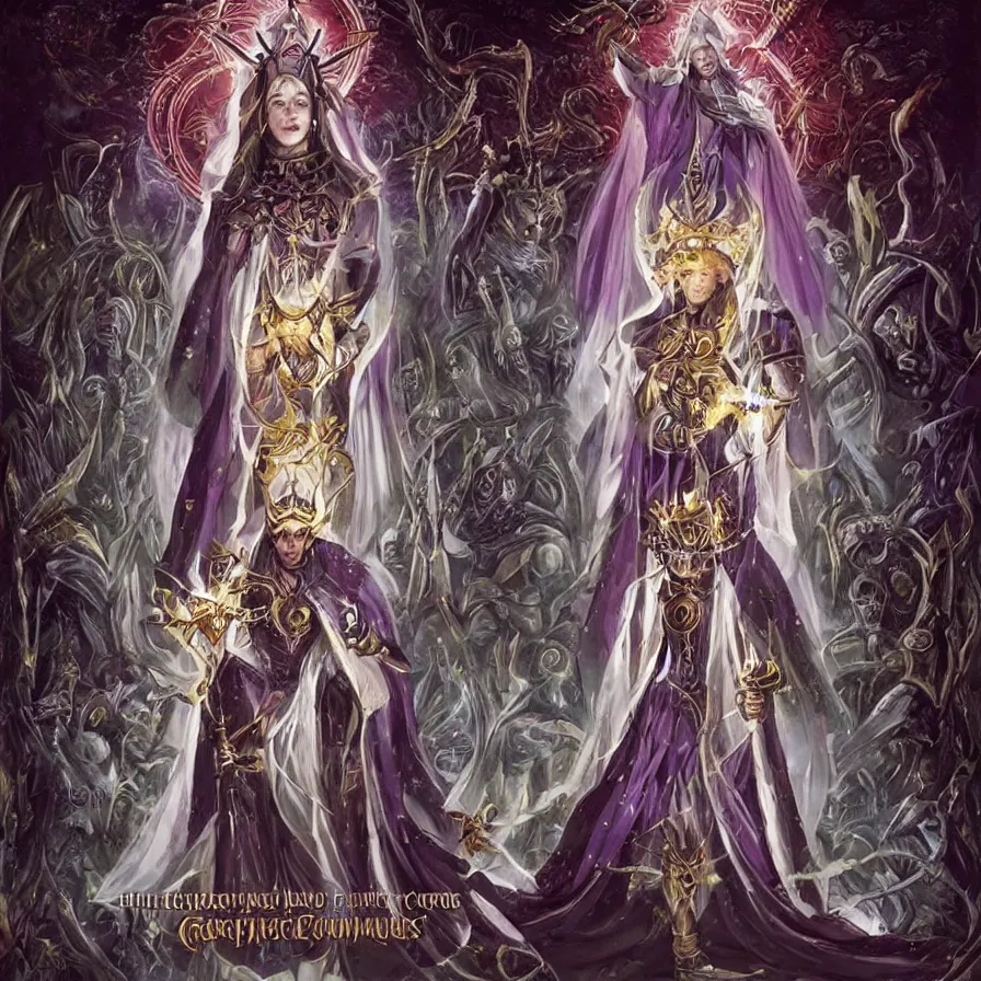 Prompt: high ecumenical priestess of the mortal realms, blessed by the sanctity of the elder gods, chosen by the grace of the world council and ordained by the twelve kings of the golden lands, limitless is your power and pure is your will