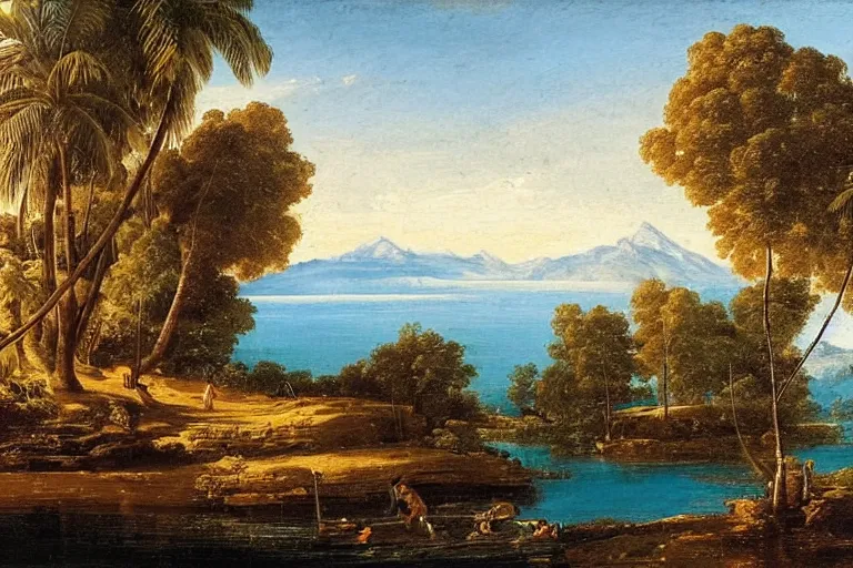 Prompt: beautiful landscape with winter and lake and coconut trees, mythology, fantasy, landscape background, vivid colors, digital painting, very detailed, realistic, high quality, by claude lorrain