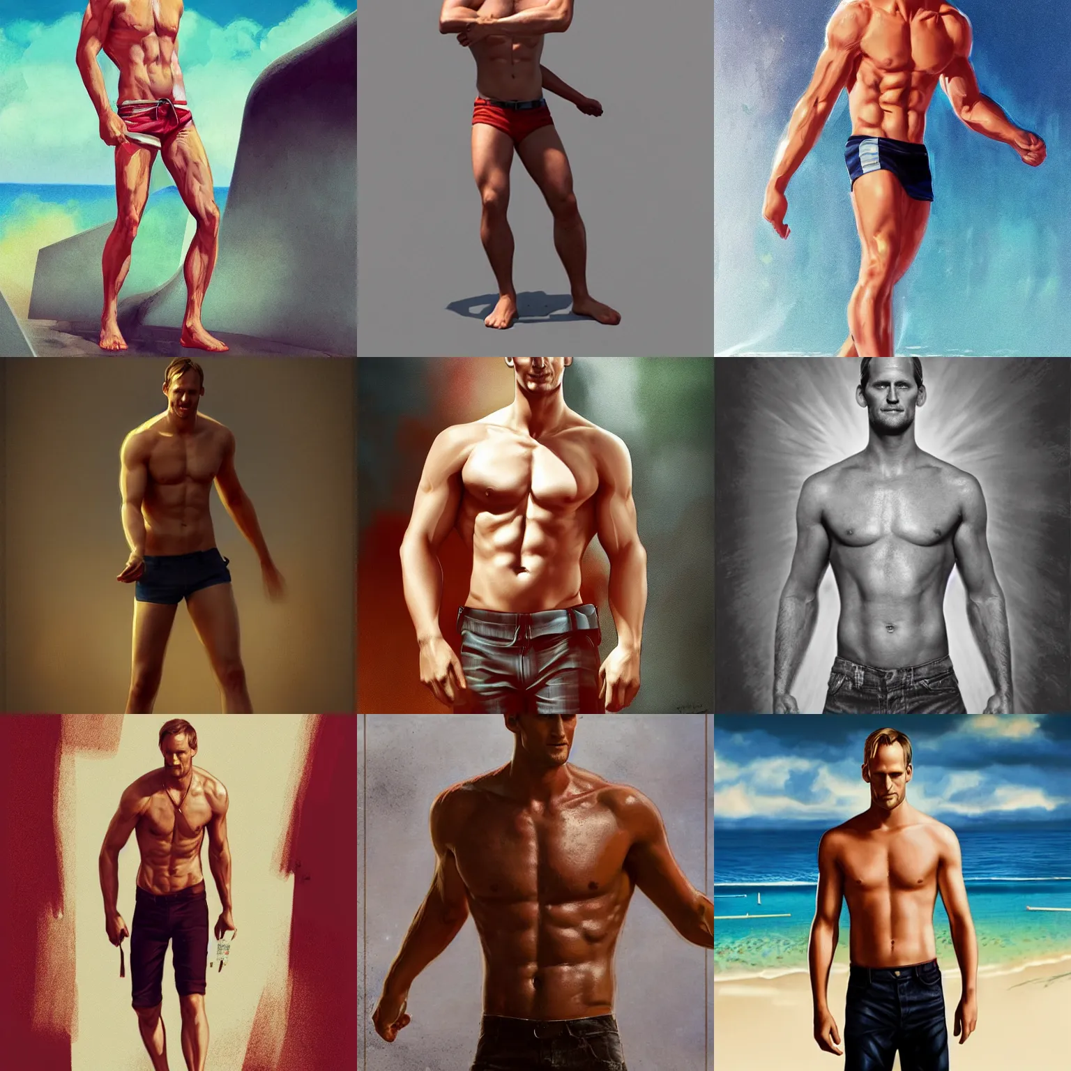Prompt: full body view of alexander skarsgård shirtless, as a lifeguard, 8k highly, trending on artstation, detailed, CGSociety, digital art by WLOP, artgerm, mucha