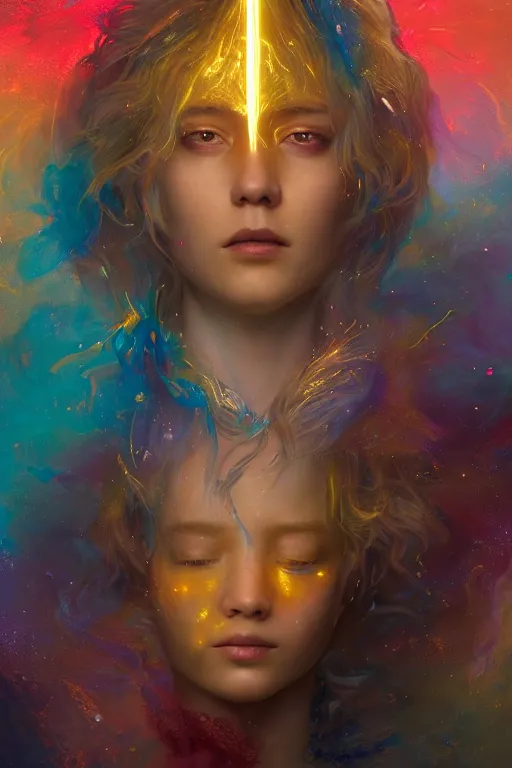 Image similar to a fancy portrait of young golden celestial child in a colourful imaginative portal by greg rutkowski, sung choi, mitchell mohrhauser, maciej kuciara, johnson ting, maxim verehin, peter konig, bloodborne, 8 k photorealistic, cinematic lighting, hd, high details, dramatic, dark atmosphere, trending on artstation