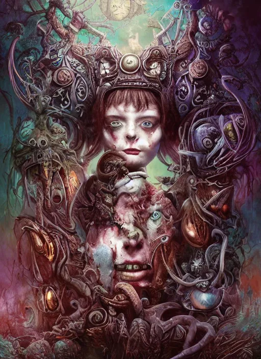 Image similar to alice in wonderland, viking god, alien, highly detailed, cinematic, 8 k, by megan duncanson, benjamin lacombe, adrian borda, stanley artgermm, tom bagshaw, craig mullins, carne griffiths, ayami kojima, beksinski, giger, trending on deviantart, hyper detailed, horror, full of colour