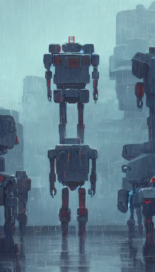 Image similar to a giant broken robots in rain after a huge battle, tired, rustic, dormant, sharp focus, james gilleard, cinematic, game art, extremely detailed digital painting, print