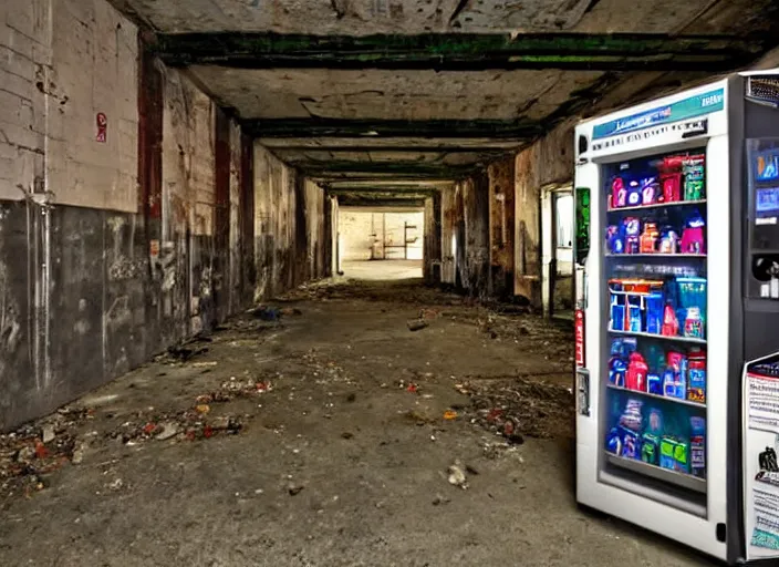 Image similar to an abandoned industrial basement lit by a lone vending machine selling GAK, unsettling image