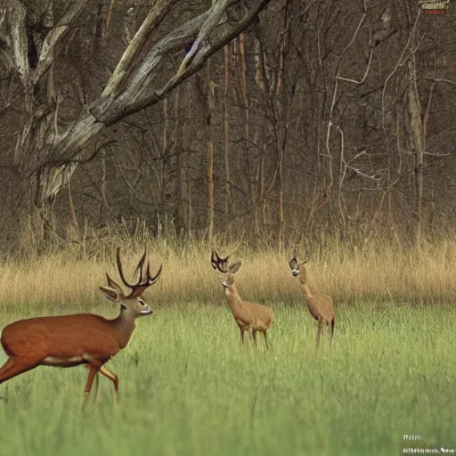 Prompt: deers hunting a hunter, realistic hektachrome, national geographic,