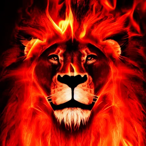 Image similar to anonymous lion face, closeup of face, volumetric lighting, face encircled by fire, crimson - black color scheme, intricate detail, award winning epic cinematic composition, photorealistic