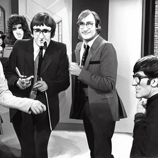 Image similar to on the full color tv set of ed sullivan, john lennon is guest starring as the host, 7 0 s color grade