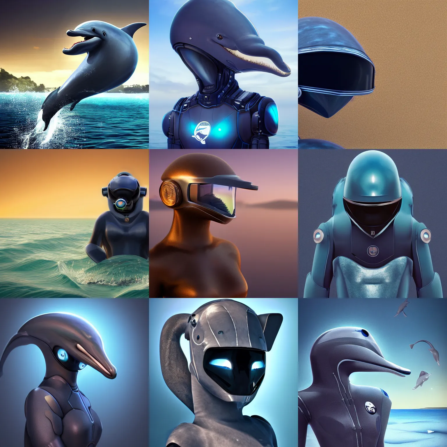 Prompt: very very beautiful furry art, robotic anthro dolphin, face covered by dark opaque visor, wide bottlenose snout below visor, smooth round shapes, all dark blue metal, commission on furaffinity, cgsociety, octane render, sea in background