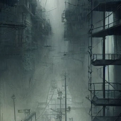 Image similar to raining dark smog wide angle shot machinery dieselpunk dystopia corrogated steel overhead walkway trending on artstation megalomaniac city