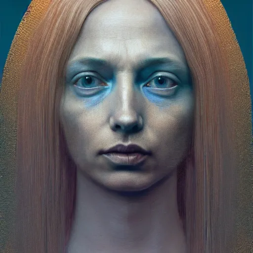 Image similar to Portrait Masterpiece, Thom Yorke, cyan, golden halo behind her head, wires everywhere, by Edgar Maxence and Ross Tran, Zdzisław Beksiński, and Michael Whelan, distant, gustav dore, H.R. Giger, 8k, octane render