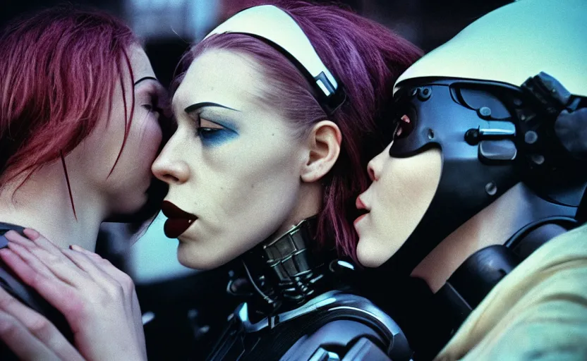 Image similar to cinestill 5 0 d photographic portrait by helen levitt of a kiss between two loving female cyborgs wearing black techwear in a retrofuturist garden, extreme closeup, modern cyberpunk, moody, 8 k, hd, high resolution, 3 5 mm, f / 3 2, ultra realistic faces, intricate detail, ex machina