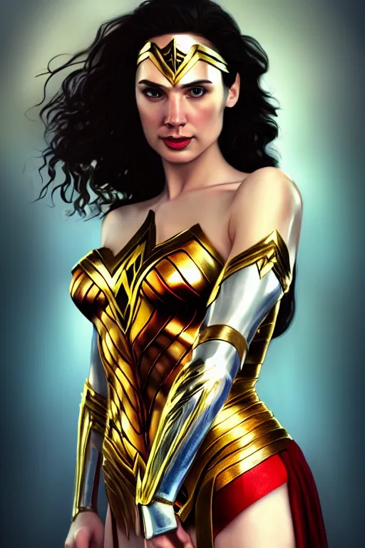 Prompt: Portrait of a beautiful pale skin Nordic female gal gadot as a wonder woman, elegant, photorealistic, highly detailed, artstation, smooth, sharp focus, gold ornaments, neon lighting, sci-fi, art by Klimt