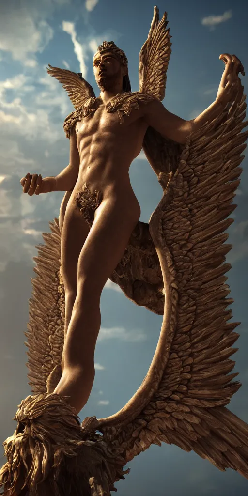 Image similar to enki sumerian god with wings, unreal 5, hyperrealistic, realistic, photorealistic, dynamic lighting, highly detailed, cinematic landscape, studio landscape, studio lighting