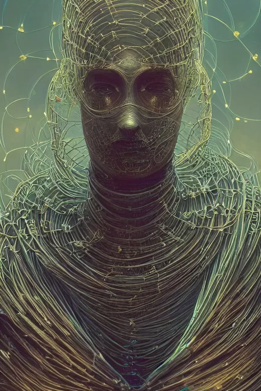 Prompt: portrait of an angelic male with intricate body armor made of bioluminescence wires by joe fenton and anato finnstark, arstation and beeple highly, feathers, shimmer detailed, cinematic lighting, octane render, unreal engine lumen, very coherent. cinematic, hyperrealism, high detail, octane render, 8 k