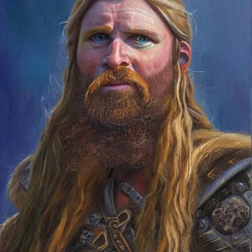 Image similar to oil painting of sean mcloughlin as an irish viking in the style of steve argyle, fantasy painting