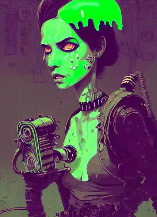 Image similar to highly detailed portrait of a lonely wasteland punk long dripping green poison hair tribal lady, stray neon green sludge hoses by atey ghailan, james gilleard, by joe fenton, by greg rutkowski, by greg tocchini, by kaethe butcher, 4 k resolution, gradient purple, brown black and white color scheme!!! ( ( green flaming robotic sewer background ) )