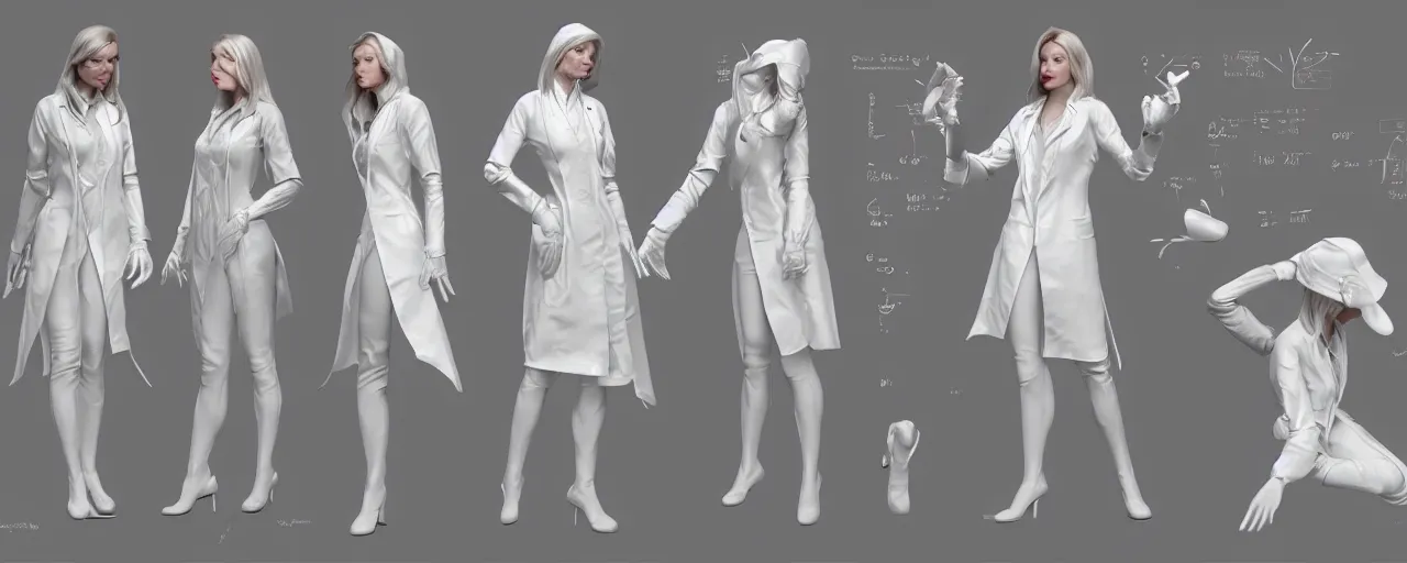 Image similar to character design, reference sheet, gaunt, a beautiful and elegant young lady, doctor's white coat, concept art, photorealistic, hyperdetailed, 3d rendering , art by Leyendecker and frazetta,