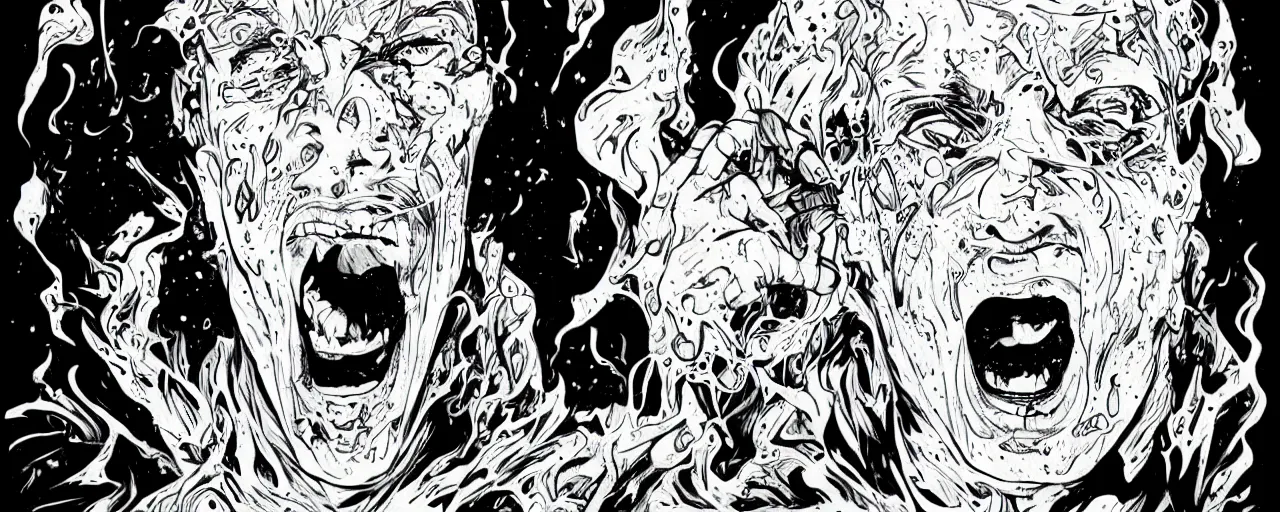 Prompt: portrait of a mad man screaming with ink bursting from the eyes, by josan gonzales, max prentis,