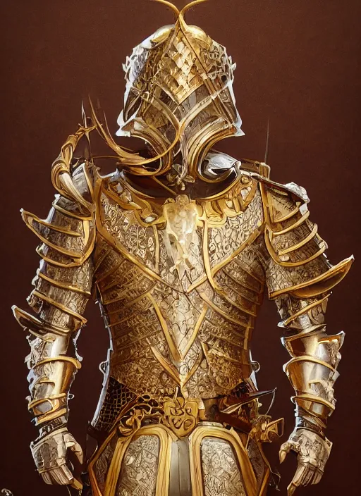 Prompt: front view, a medieval eldritch knight ornate armor made of carved wood and ivory, jeweled with strips of gold, intricate, design by feng zhu and craig mullins, peter mohrbacher, zhelong xu, ultra realistic, simple background, 8 k, octane render, unreal 5