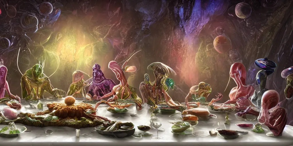 Image similar to !13 very diverse aliens enjoying a rich salad around a marble table, !positioned as last supper cinematic lighting, crystals and diamonds, fantasy, surreal, floating, highly detalied, 4k, artstation, by Wayne Barlowe