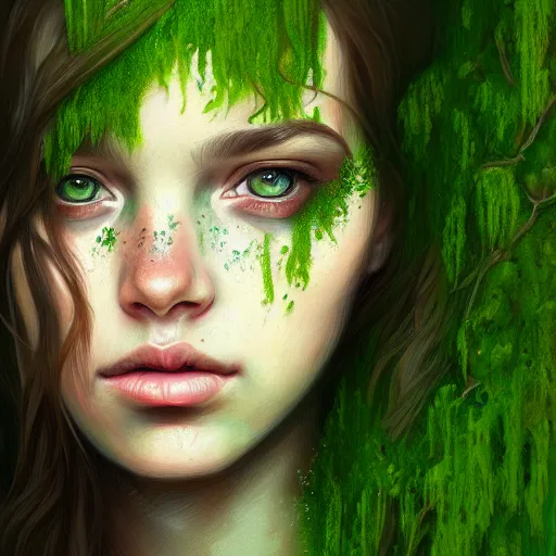 Image similar to a portrait of a girl covered in moss, face, intricate, elegant, highly detailed, digital painting, artstation, concept art, smooth, sharp