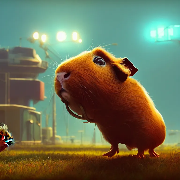 Prompt: cyborg guinea pig, ultra hd, Painting By Simon Stalenhag, unreal 5, DAZ, hyperrealistic, octane render, dynamic lighting, intricate detail, summer vibrancy, cinematic