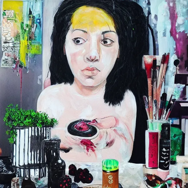 Image similar to “ a portrait in a female art student ’ s apartment, sensual, a pig theme, art supplies, paint tubes, ikebana, herbs, a candle dripping white wax, black walls, squashed berries, berry juice drips, acrylic and spray paint and oilstick on canvas, surrealism, neoexpressionism ”