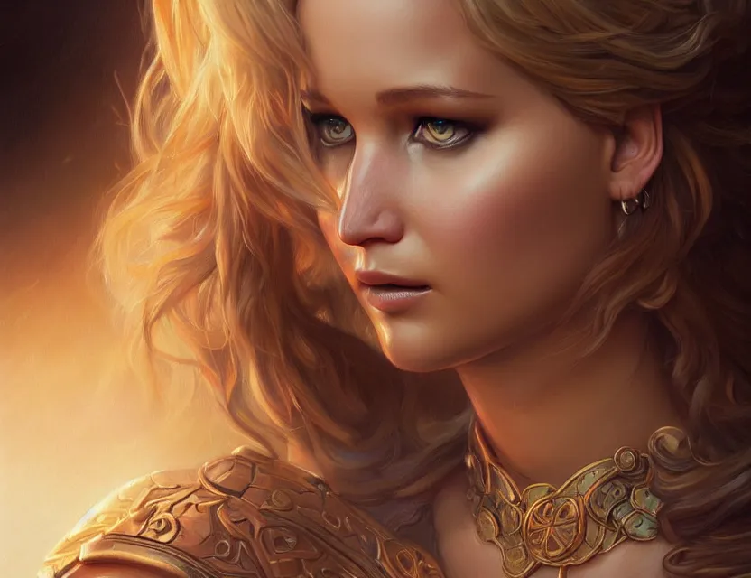 Image similar to Jennifer Lawrence, closeup, D&D, fantasy, intricate, elegant, highly detailed, digital painting, artstation, concept art, matte, sharp focus, illustration, hearthstone, art by Artgerm and Greg Rutkowski and Alphonse Mucha