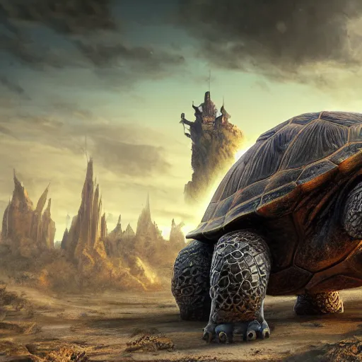 Prompt: gargantuan tortoise with a large fantasy castle armor walking through a sandy wasteland, inspired by howls moving castle and mortal engines, mid - distant shot centered birds eye view, fantasy, hyper detailed, 4 k