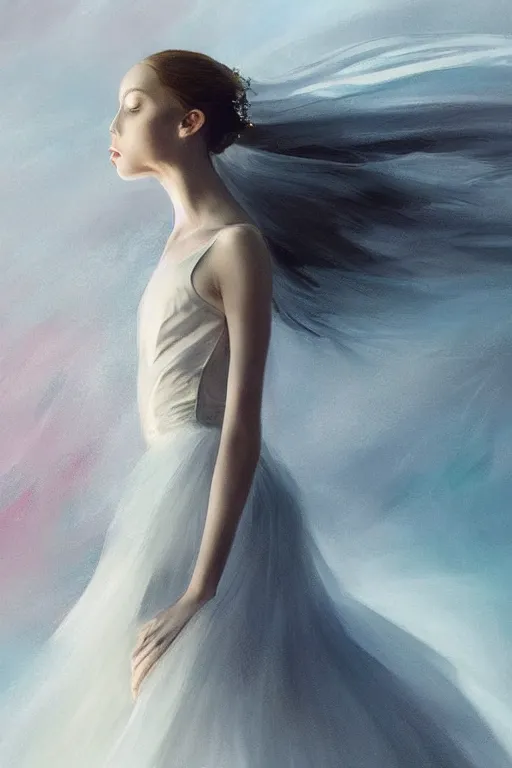 Image similar to prima ballerina dancing in the wind, beautiful face, ethereal, bride, beautiful wedding dress, gorgeous, volumetric lighting, elegant, fluid, very highly detailed, digital painting, concept art, illustration, limited color palette, atmosphere and tension, trending on artstation