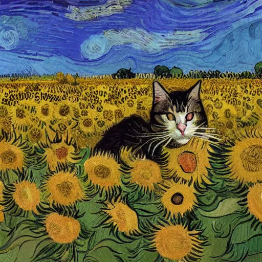 Prompt: “ cat sleeping in field of sunflowers, vincent van gogh ”