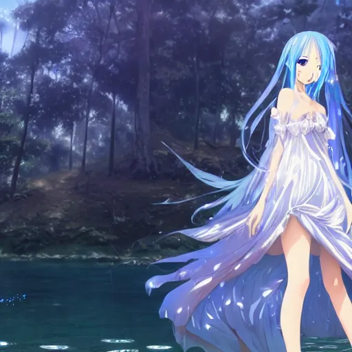 Light blue haired girl, normal height, water powers, cool water suit,  goddess, shy looking expression, nice girl, anime-like style