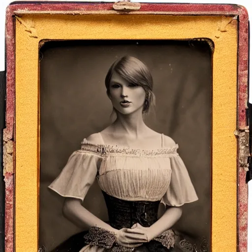 Image similar to daguerreotype of taylor swift wearing southern belle clothes, very detailed, very intricate,