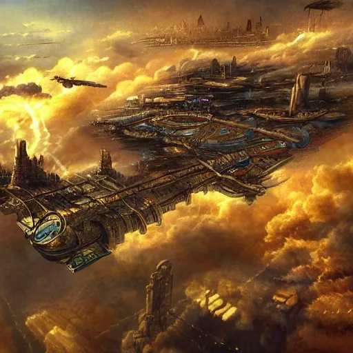 Image similar to flying city in the clouds, steampunk, romanticism artwork