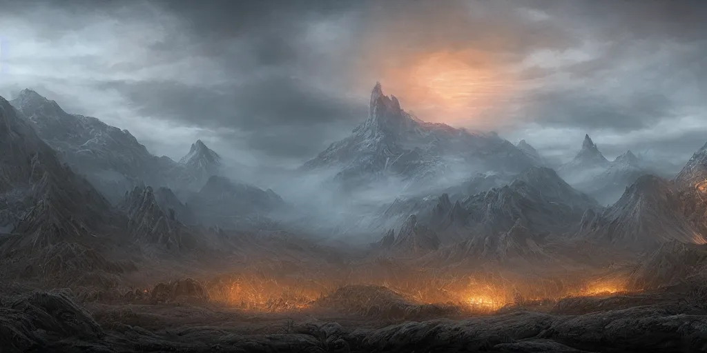 Image similar to Mordor Gorgoroth Plains in the evening, detailed matte painting, cinematic, Alan Lee, Artstation