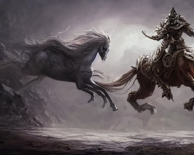 Image similar to A ghost warrior riding a giant ghost horse with armour, fantasy art, in the style of Frank Neidhardt, illustration, epic art, fantasy, intricate, elgant, amazing detail, digital painting, artstation, concept art, smooth, sharp focus