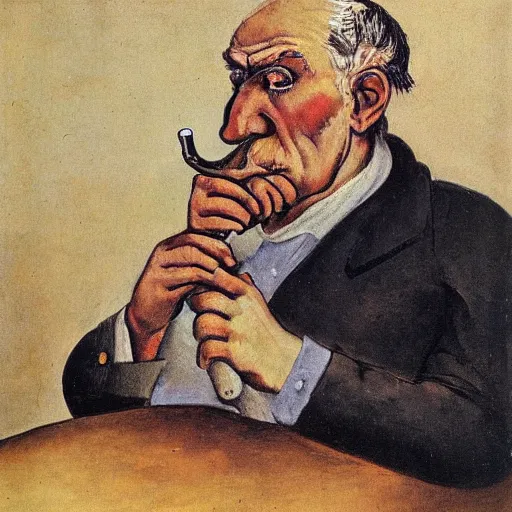 Prompt: a sad old man with his pipe, high quality, high resolution,detailed, by otto dix